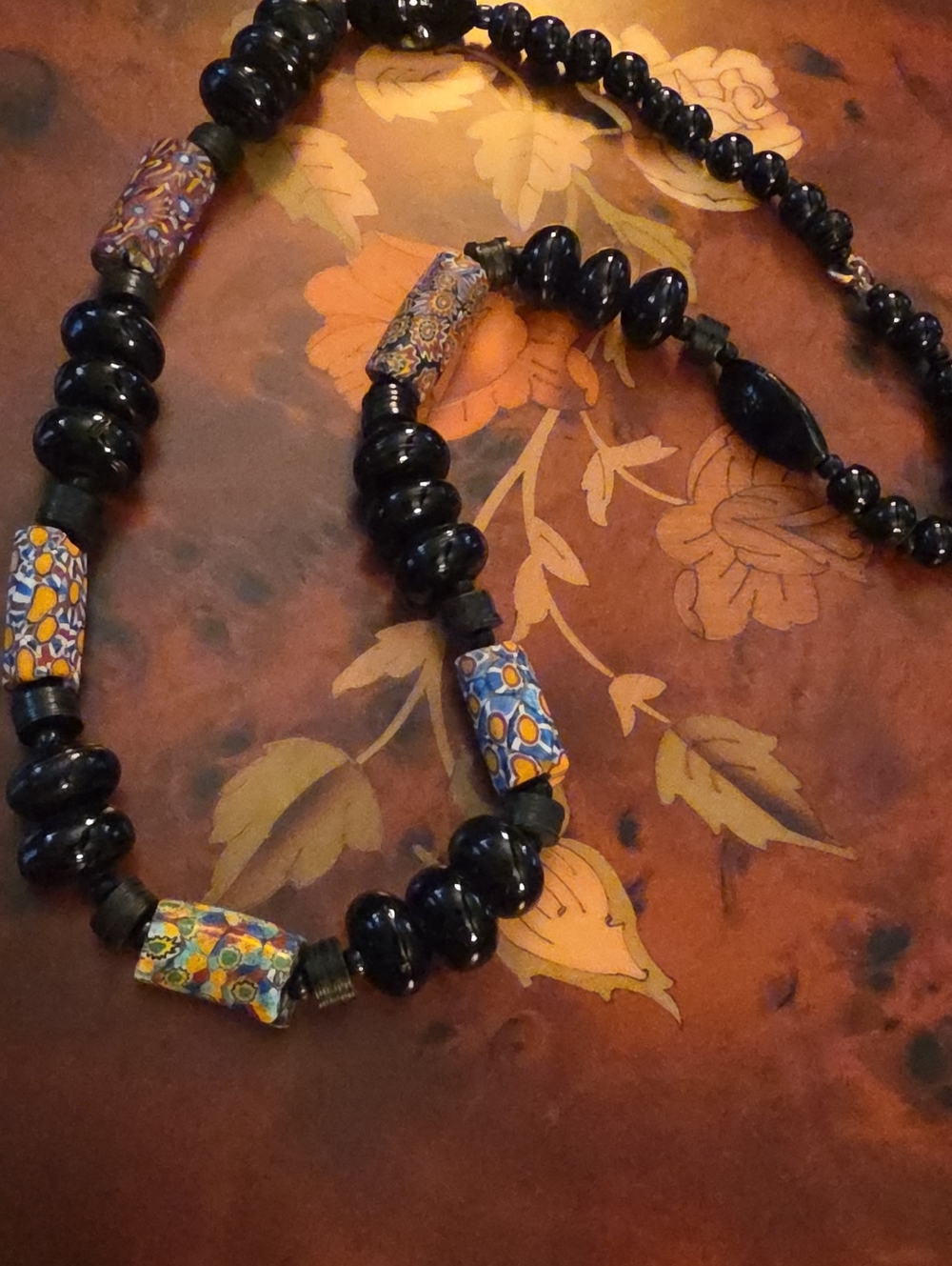 Black Glass Bead Necklace with Colorful Millefiori Accent Beads 24"